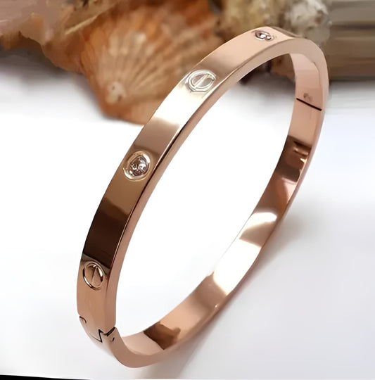 Stylish Rose Gold Plated Zirconia Gemstone Work Stainless Steel Bangle for Couples | 1pc Relationship Kada