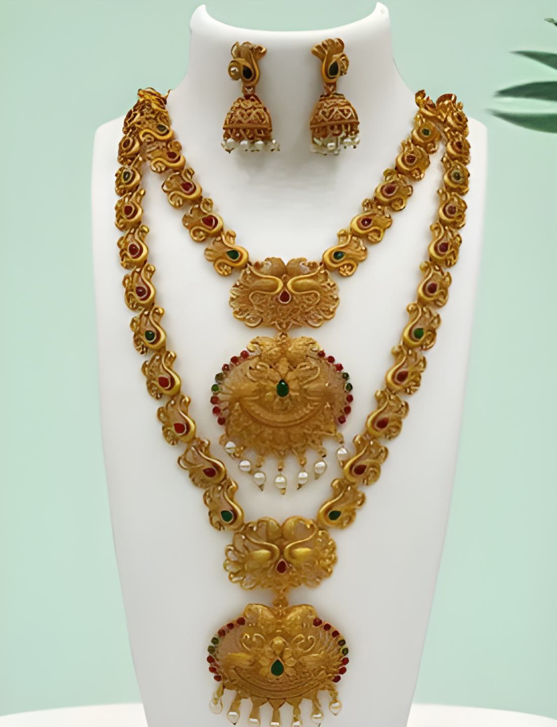 Gold-Plated South Indian Peacock Necklace with Jhumka Earrings | Temple Jewelry Set for Women