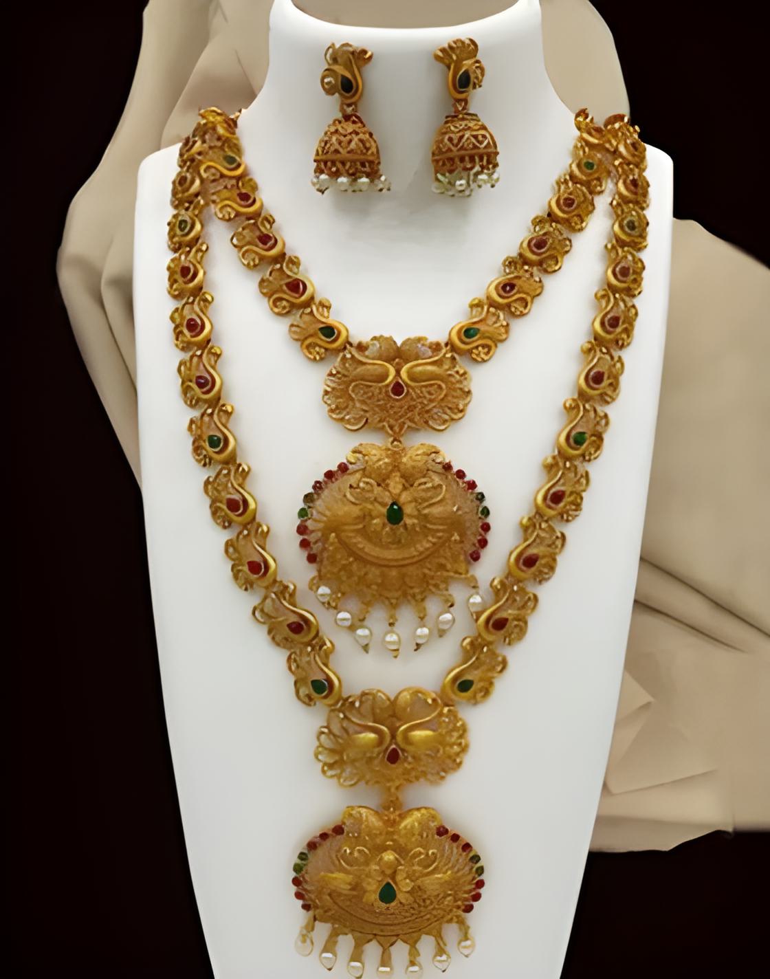 Gold-Plated South Indian Peacock Necklace with Jhumka Earrings | Temple Jewelry Set for Women